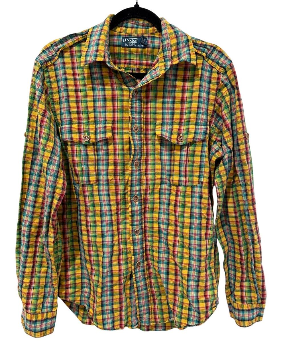 Polo Ralph Lauren Yellow Plaid Button Down Long Sleeve Epaulettes Medium Linen